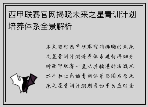 西甲联赛官网揭晓未来之星青训计划培养体系全景解析