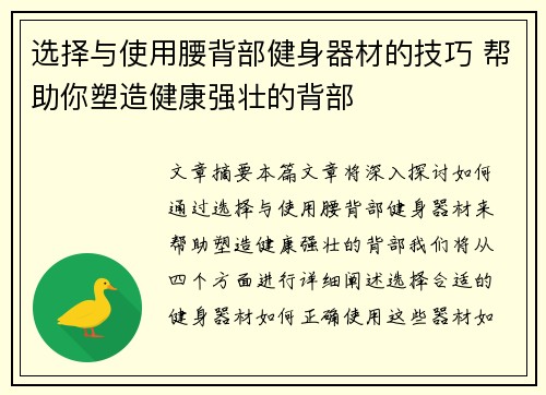 选择与使用腰背部健身器材的技巧 帮助你塑造健康强壮的背部