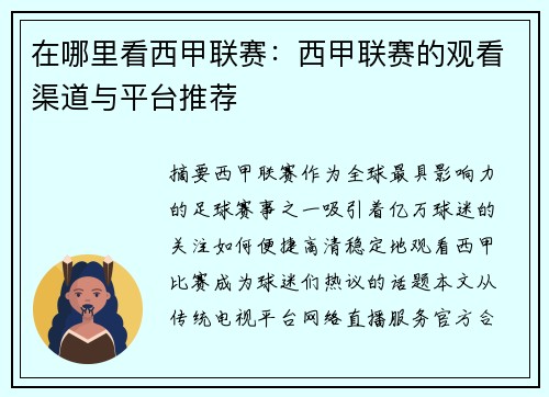 在哪里看西甲联赛：西甲联赛的观看渠道与平台推荐